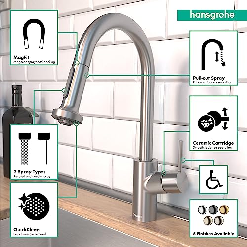 hansgrohe Talis S² Stainless Steel Bar Kitchen Faucet, Kitchen Faucets with Pull Down Sprayer, Faucet for Kitchen Sink, Magnetic Docking Spray Head, Stainless Steel Optic 04286800, 1.75