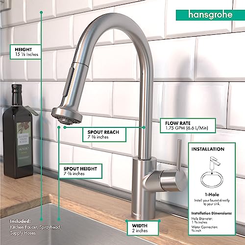 hansgrohe Talis S² Stainless Steel Bar Kitchen Faucet, Kitchen Faucets with Pull Down Sprayer, Faucet for Kitchen Sink, Magnetic Docking Spray Head, Stainless Steel Optic 04286800, 1.75