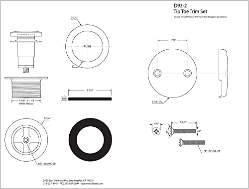 Westbrass D93-2-62 1-1/2" Tip-Toe Bathtub Drain Plug Trim Set with Two-Hole Overflow Faceplate, Matte Black