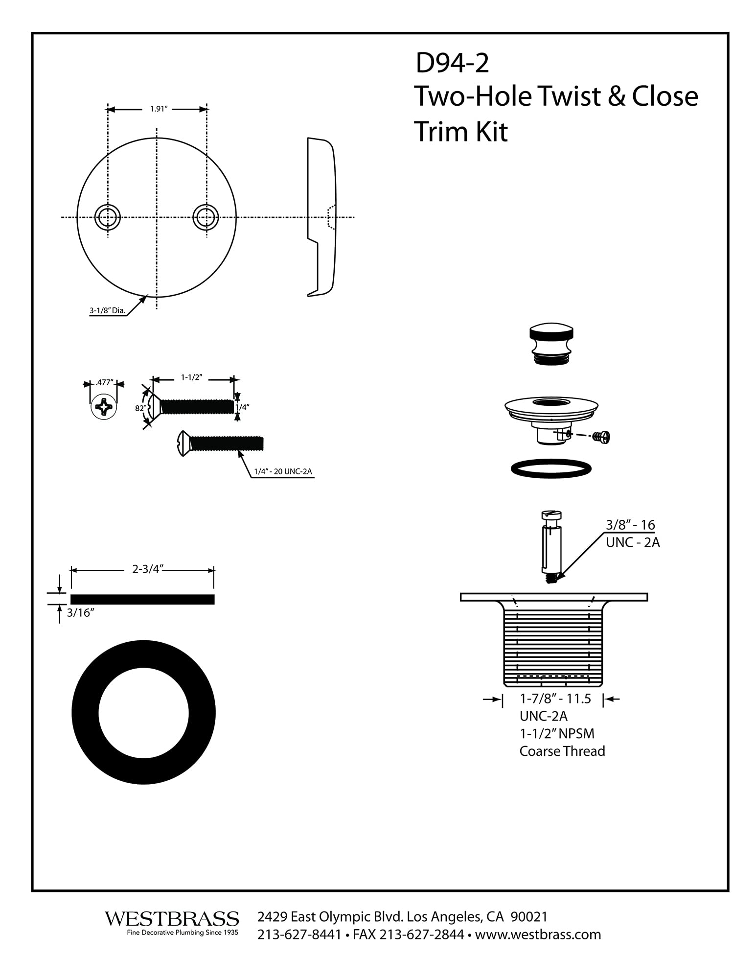 Westbrass Twist & Close Tub Trim Set with Two-Hole Overflow Faceplate, Matte Black, D94-2-62