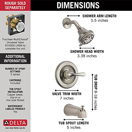 Delta Faucet Classic 13 Series Single-Function Tub and Shower Trim Kit with Single-Spray Touch-Clean Shower Head, Stainless T13220-SS (Valve Not Included)