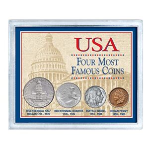usa four most famous coins, genuine coin set, buffalo nickel, indian head cent, bicentennial half dollar and quarter, certificate of authenticity – american coin treasures