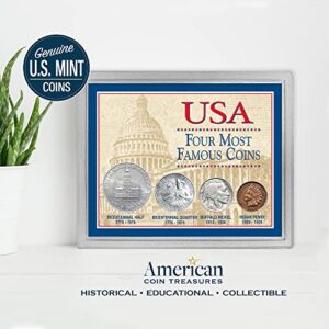 USA Four Most Famous Coins, Genuine Coin Set, Buffalo Nickel, Indian Head Cent, Bicentennial Half Dollar and Quarter, Certificate of Authenticity – American Coin Treasures