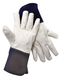 radnor medium 12 14" white and blue premium grain goatskin unlined migtig welders gloves with 4" split cowhide gauntlet cuff (64056447)