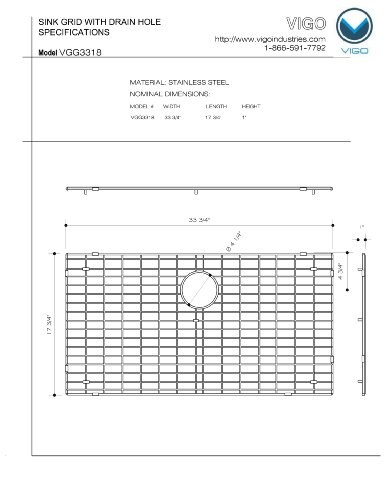 VIGO VGG3318 17.5" L -33.63" W -1.0" H Stainless Steel Kitchen Sink Bottom Grid, Chrome