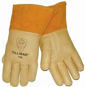 john tillman and co"small brown top grain pigskin cottonfoam lined premium grade mig welders gloves with straight thumb, 4"" cuff and kevlar lock stitching" (42s)