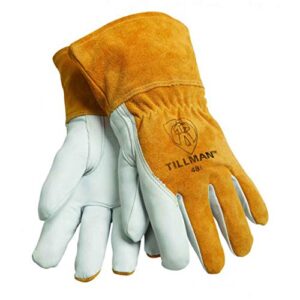 john tillman and co large brown top grain goatskin fleece lined standard grade mig welders gloves with straight thumb, 3 12" cuff, kevlar stitching and elastic back