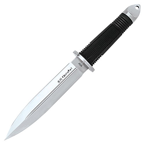 Honshu Fighter Dagger Knife with Leather Sheath - Stainless Steel Blade, Double-Edged, Rubberized Grip, Steel Handguard, Fixed Blade for Every Day Carry - Length 13 1/4