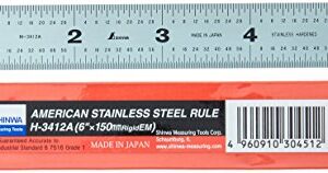 Shinwa H-3412A 6" 150 mm Rigid English Metric Zero Glare Satin Chrome Stainless Steel E/M Machinist Engineer Ruler/Rule with Graduations in 1/64, 1/32, mm and .5 mm