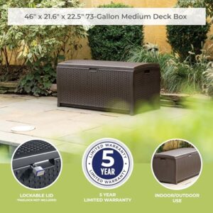 Suncast 73-Gallon Medium Deck Box - Lightweight Resin Indoor/Outdoor Storage Container and Seat for Patio Cushions and Gardening Tools - Store Items on Garage, Yard - Mocha Brown