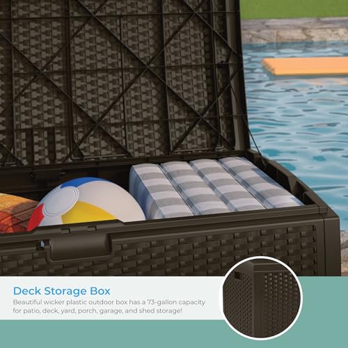 Suncast 73-Gallon Medium Deck Box - Lightweight Resin Indoor/Outdoor Storage Container and Seat for Patio Cushions and Gardening Tools - Store Items on Garage, Yard - Mocha Brown