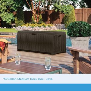Suncast 73-Gallon Medium Deck Box - Lightweight Resin Indoor/Outdoor Storage Container and Seat for Patio Cushions and Gardening Tools - Store Items on Garage, Yard - Mocha Brown