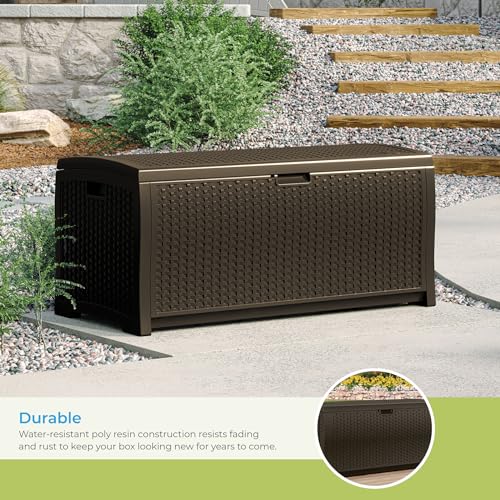 Suncast 73-Gallon Medium Deck Box - Lightweight Resin Indoor/Outdoor Storage Container and Seat for Patio Cushions and Gardening Tools - Store Items on Garage, Yard - Mocha Brown