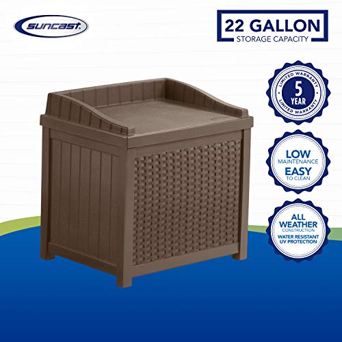 Suncast 22-Gallon Small Deck Box - Lightweight Resin Indoor/Outdoor Storage Container and Seat for Patio Cushions, Gardening Tools and Toys - Store Items on Patio, Garage, Yard - Mocha Wicker