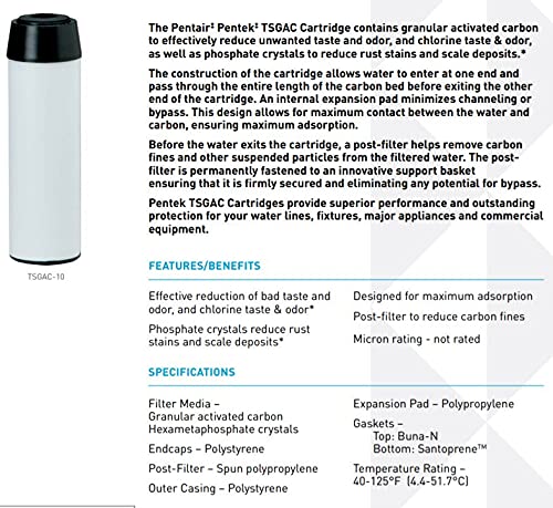 Pentair Pentek TSGAC-10 Carbon Water Filter, 10-Inch, Under Sink Specialty Granular Activated Carbon (GAC) and Phosphate Crystal Replacement Cartridge, 10" x 2.5"