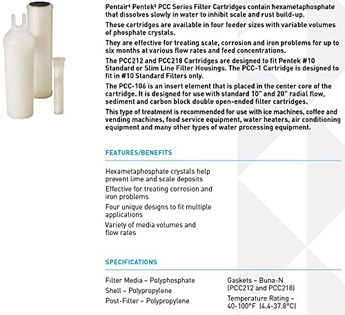 Pentair Pentek PCC-1 Phosphate Water Filter, 10-Inch, Under Sink Hexametaphosphate Crystal Replacement Cartridge, Fits #10 Standard Filter Housing