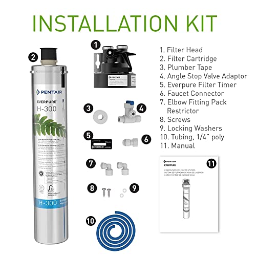 Pentair Everpure H-300 Drinking Water System, EV927076, Includes Filter Head, Filter Cartridge, All Hardware and Connectors, 300 Gallon Capacity, 0.5 Micron