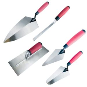 wedge: 5 piece professional masonry trowel set | tempered steel blades | contains 13" brick jointer, 6" pointing trowel, 7" gauging trowel, 11" brick trowel, 11" plastering trowel