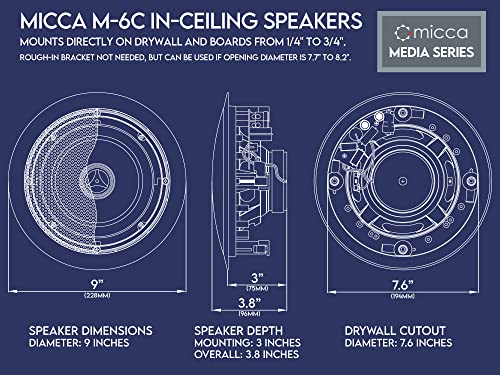 Micca M-6C 6.5 Inch 2-Way in-Ceiling Round Speaker for Whole House Audio, Home Theater, Indoor or Covered Outdoor Areas, 6.5" Woofer, 1" Silk Tweeter, 7.6" Cutout Diameter White, Paintable, Each