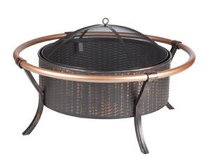 fire sense 60859 fire pit copper rail steel fire bowl with weave pattern wood burning lightweight portable outdoor firepit backyard fireplace included screen lift tool - antique bronze - 27.5"