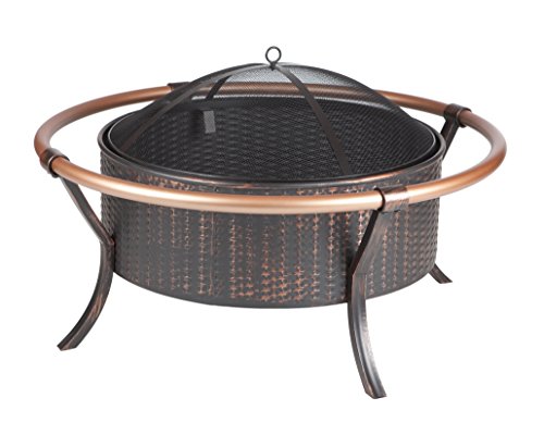 Fire Sense 60859 Fire Pit Copper Rail Steel Fire Bowl with Weave Pattern Wood Burning Lightweight Portable Outdoor Firepit Backyard Fireplace Included Screen Lift Tool - Antique Bronze - 27.5"