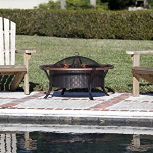 Fire Sense 60859 Fire Pit Copper Rail Steel Fire Bowl with Weave Pattern Wood Burning Lightweight Portable Outdoor Firepit Backyard Fireplace Included Screen Lift Tool - Antique Bronze - 27.5"