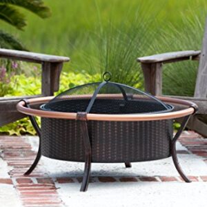 Fire Sense 60859 Fire Pit Copper Rail Steel Fire Bowl with Weave Pattern Wood Burning Lightweight Portable Outdoor Firepit Backyard Fireplace Included Screen Lift Tool - Antique Bronze - 27.5"