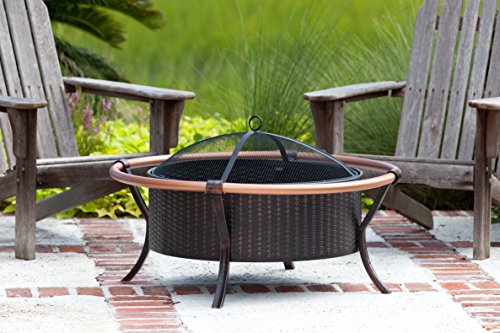 Fire Sense 60859 Fire Pit Copper Rail Steel Fire Bowl with Weave Pattern Wood Burning Lightweight Portable Outdoor Firepit Backyard Fireplace Included Screen Lift Tool - Antique Bronze - 27.5"