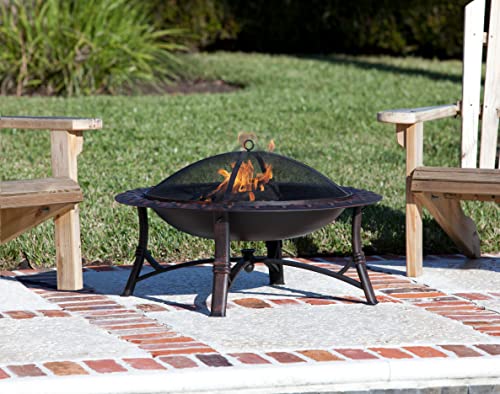 Fire Sense 60857 Fire Pit Roman Brushed Painted Steel Legs Wood Burning Lightweight Portable Patio Outdoor Firepit Backyard Fireplace Included Screen Lift Tool - 35"