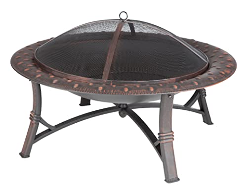 Fire Sense 60857 Fire Pit Roman Brushed Painted Steel Legs Wood Burning Lightweight Portable Patio Outdoor Firepit Backyard Fireplace Included Screen Lift Tool - 35"