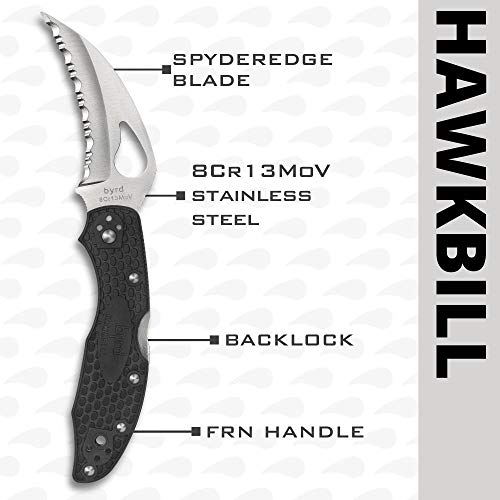Byrd Lightweight Knife - Black FRN Handle with SpyderEdge, Hollow Grind, 8Cr13MoV Steel Hawkbill Blade - BY22SBK