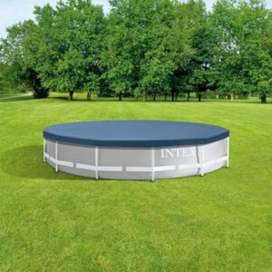 INTEX 28031E Pool Cover: For 12ft Round Metal Frame Pools – Includes Rope Tie – Drain Holes – 10in Overhang – Snug Fit