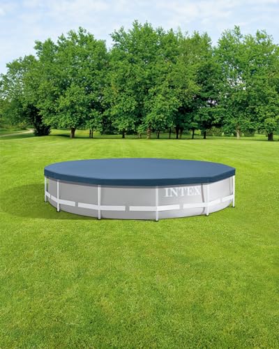 INTEX 28031E Pool Cover: For 12ft Round Metal Frame Pools – Includes Rope Tie – Drain Holes – 10in Overhang – Snug Fit