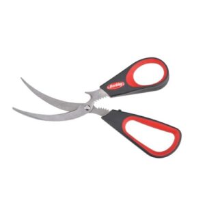 berkley bait shears, stainless steel construction, cut bait into chunks and clean your catch, make fish cutting chores a breeze, soft handles for added comfort