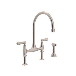 rohl u.4719l-stn-2 perrin and rowe deck mount bridge kitchen faucet with sidespray with high c spout and metal alsace levers, satin nickel