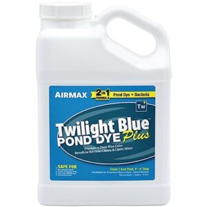 airmax pond dye plus, twilight blue colorant & natural beneficial bacteria, large pond & lake water clarifier & color treatment, shade plants & algae from sunlight, fish & livestock safe, 1 gallon