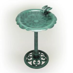 Alpine Corporation 31" Tall Outdoor Antique Flower Birdbath with Bird Decoration Yard Statue