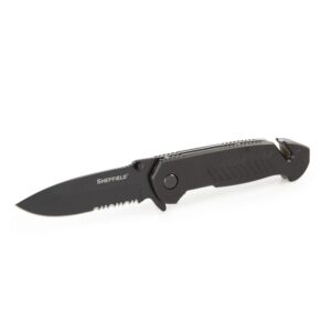 sheffield 12870 moab 3.5 inch emergency folding knife, partially serrated drop point blade, belt cutter, glass breaker, tactical edc pocket knife