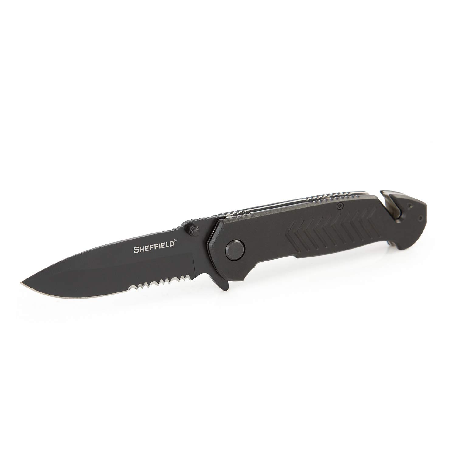 Sheffield 12870 Moab 3.5 Inch Emergency Folding Knife, Partially Serrated Drop Point Blade, Belt Cutter, Glass Breaker, Tactical EDC Pocket Knife