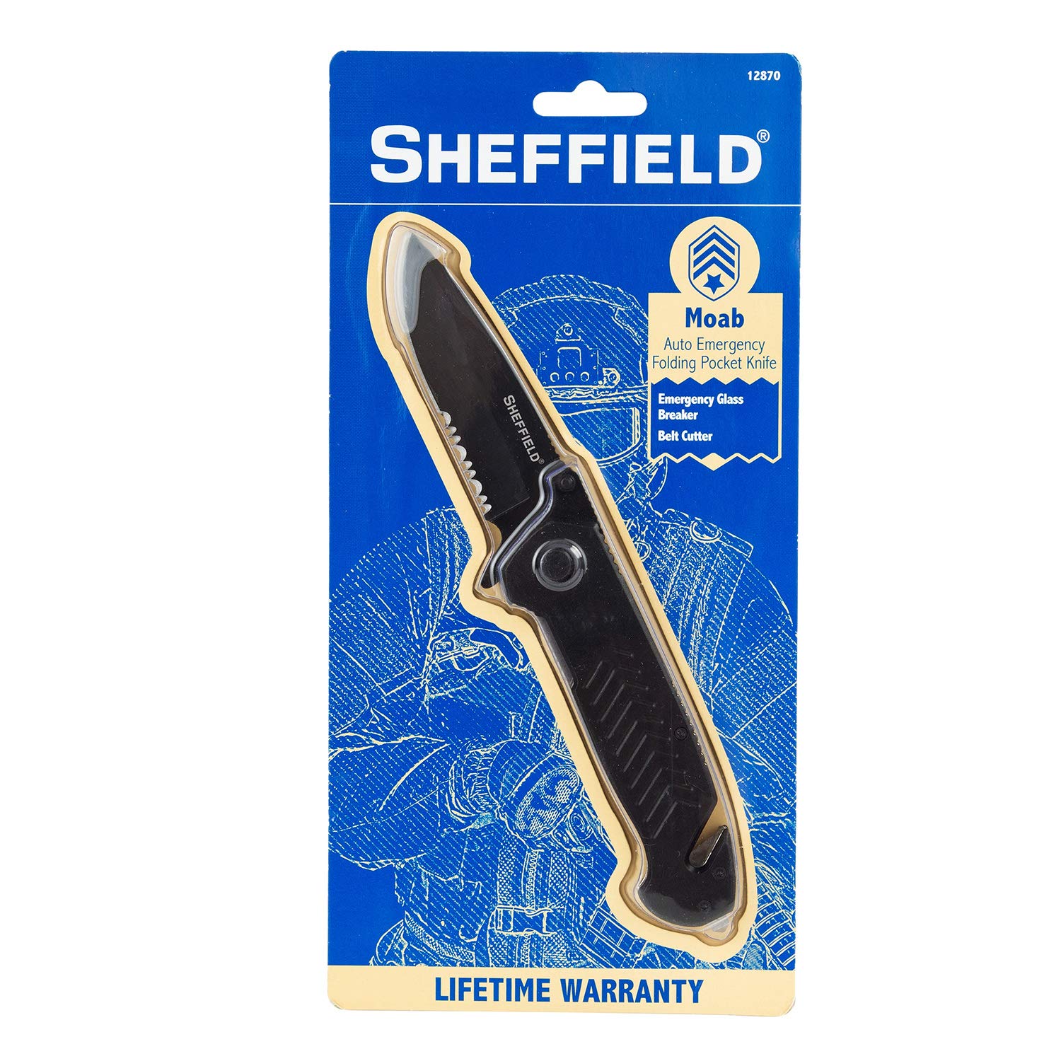 Sheffield 12870 Moab 3.5 Inch Emergency Folding Knife, Partially Serrated Drop Point Blade, Belt Cutter, Glass Breaker, Tactical EDC Pocket Knife