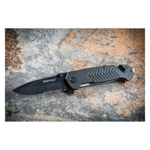 Sheffield 12870 Moab 3.5 Inch Emergency Folding Knife, Partially Serrated Drop Point Blade, Belt Cutter, Glass Breaker, Tactical EDC Pocket Knife