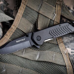 Sheffield 12870 Moab 3.5 Inch Emergency Folding Knife, Partially Serrated Drop Point Blade, Belt Cutter, Glass Breaker, Tactical EDC Pocket Knife