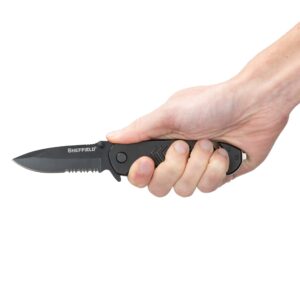 Sheffield 12870 Moab 3.5 Inch Emergency Folding Knife, Partially Serrated Drop Point Blade, Belt Cutter, Glass Breaker, Tactical EDC Pocket Knife