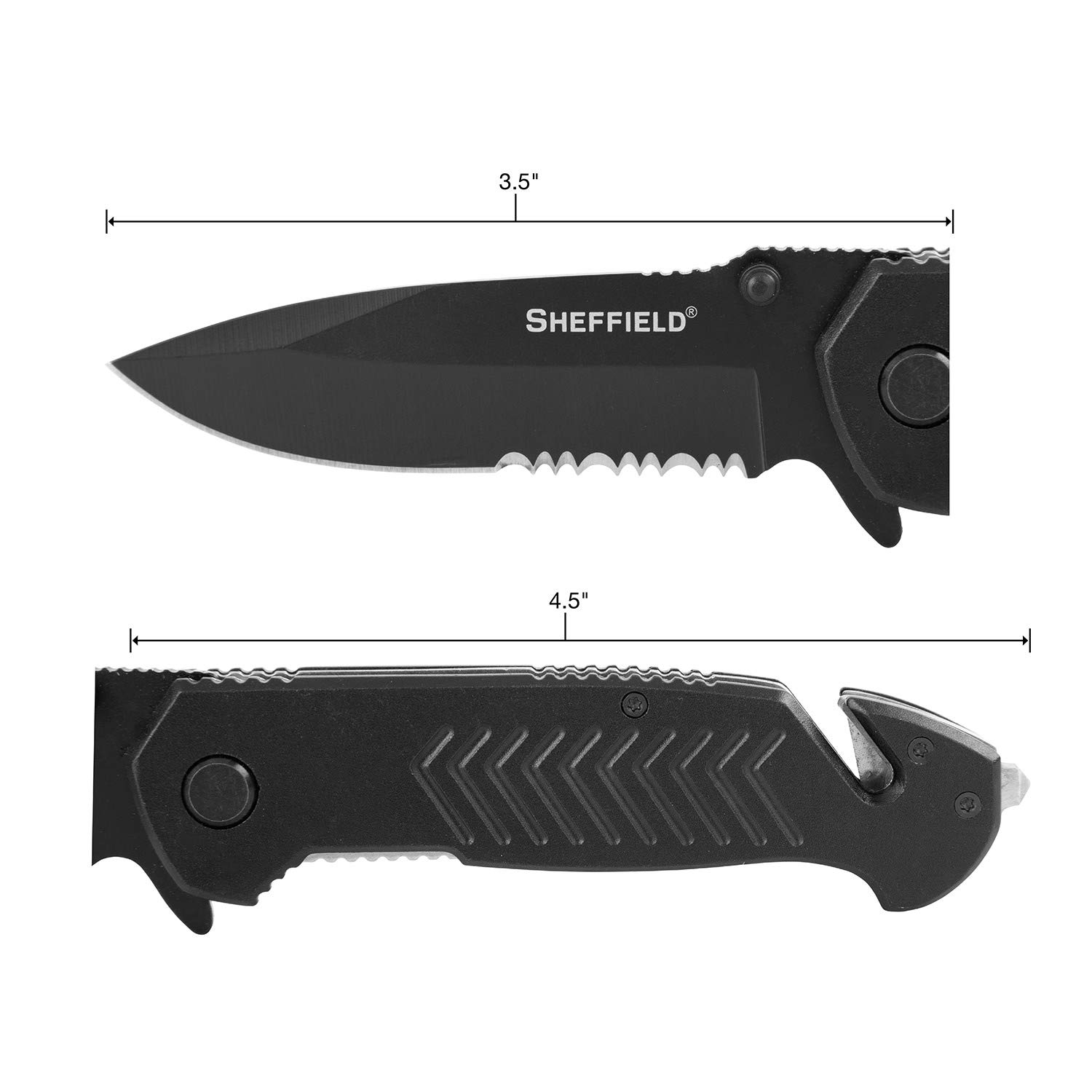 Sheffield 12870 Moab 3.5 Inch Emergency Folding Knife, Partially Serrated Drop Point Blade, Belt Cutter, Glass Breaker, Tactical EDC Pocket Knife