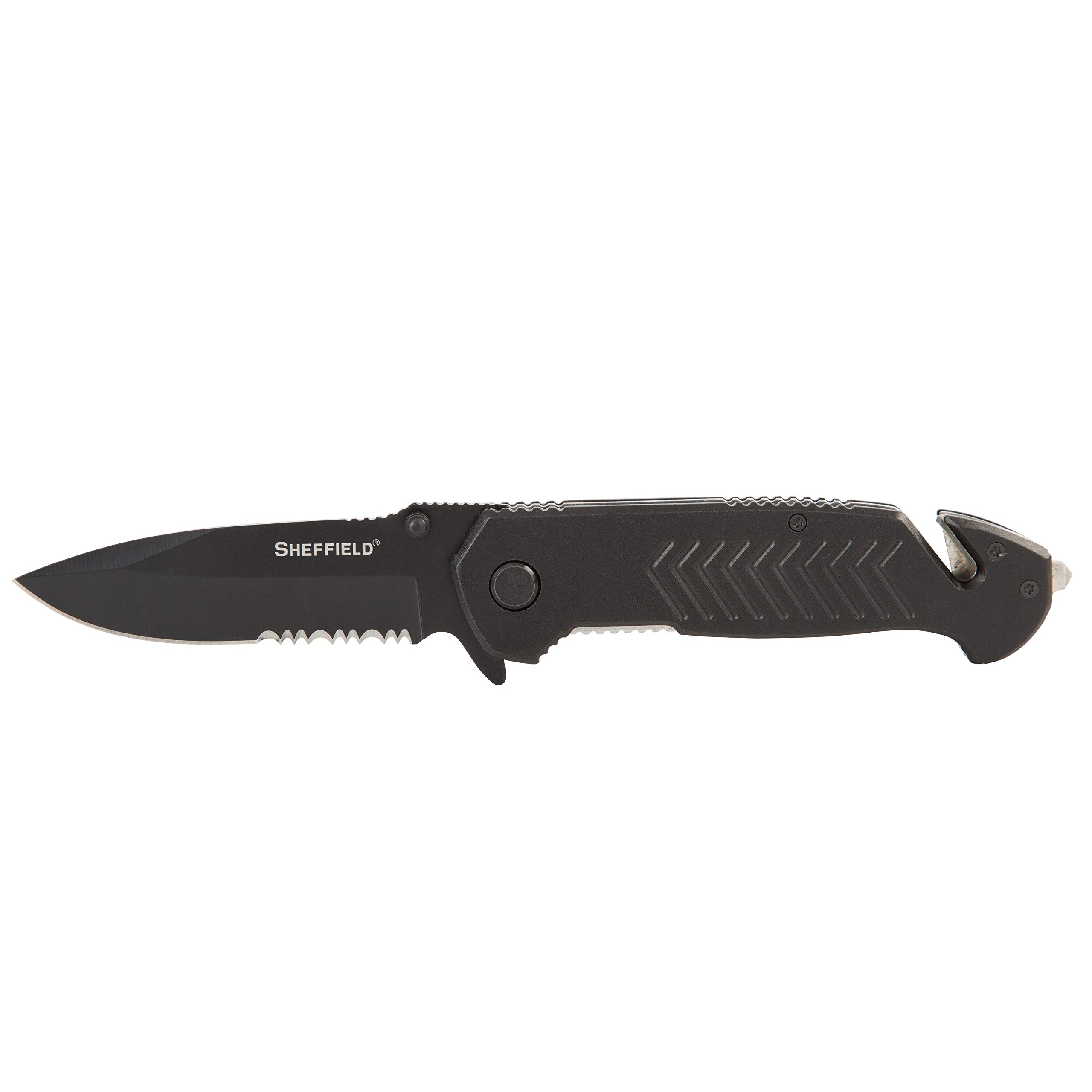 Sheffield 12870 Moab 3.5 Inch Emergency Folding Knife, Partially Serrated Drop Point Blade, Belt Cutter, Glass Breaker, Tactical EDC Pocket Knife