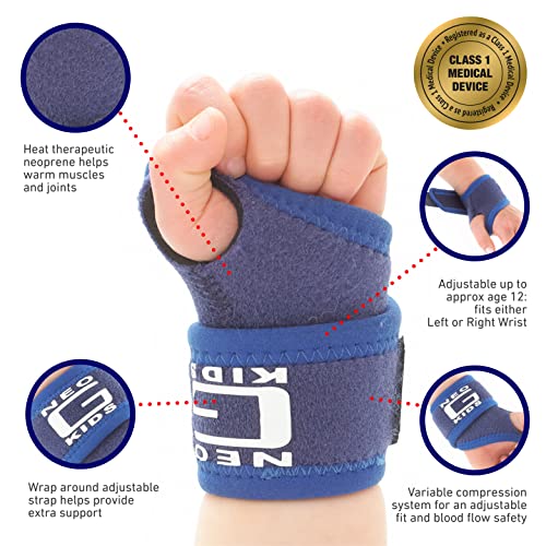 Neo G Wrist Brace for Kids - Support For Juvenile Arthritis, Joint Pain, Hand Sprains, Strains, Sports, Gymnastics, Tennis - Adjustable Compression - Class 1 Medical Device - One Size - Blue