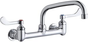 elkay foodservice 8" centerset wall mount faucet with 8" arc tube spout 4" wristblade handles 1/2in offset inlets,lk940at08t4h,stainless steel