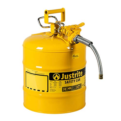 Justrite AccuFlow 7250220 Type II Galvanized Steel Safety Can with 5/8" Flexible Spout, 5 Gallon Capacity, Yellow