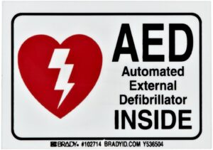 brady 102714 3-1/2" width x 5" height b-302 polyester, red and black on white aed label, legend "aed automated external defibrillator"