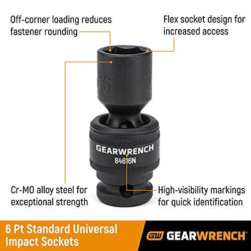 GEARWRENCH 12 Pc. 1/4" Drive 6 Pt. Standard Universal Impact Socket Set, Metric - 84905